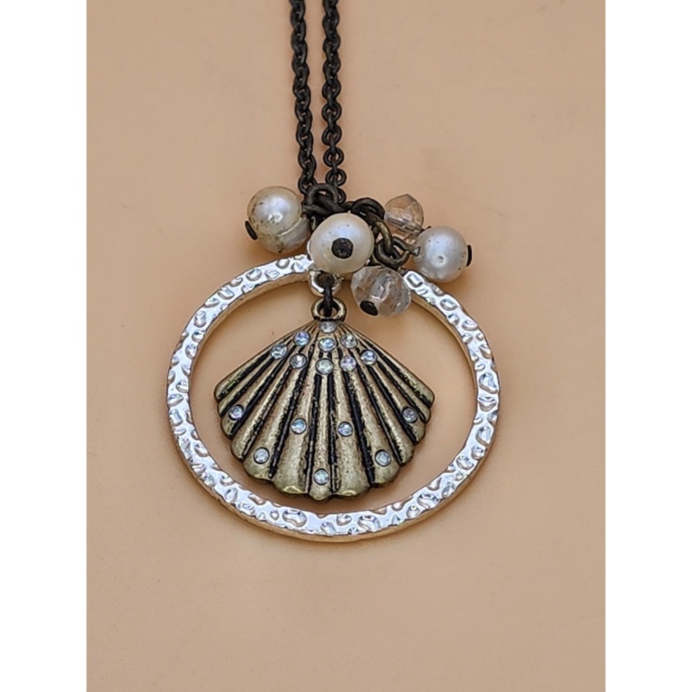 NRT Signed GENUINE Pearl Gold Tone Metal Shell Necklace Silver Tone Ring 20" Adj